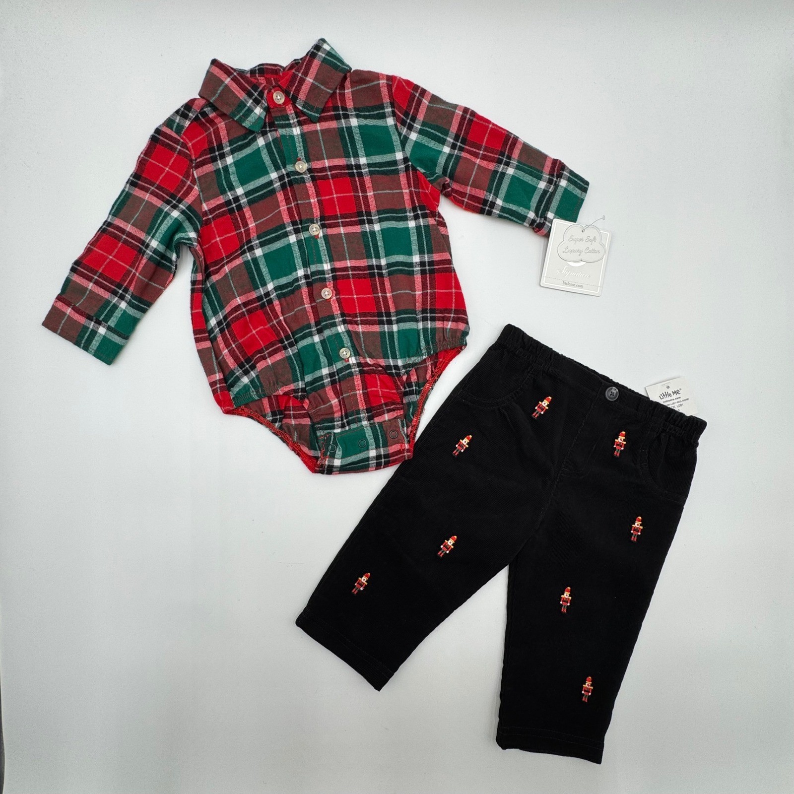 NEW Little Me Baby Plaid Red Green Bodysuit Black Nutcracker Pants Outfit Set 6M