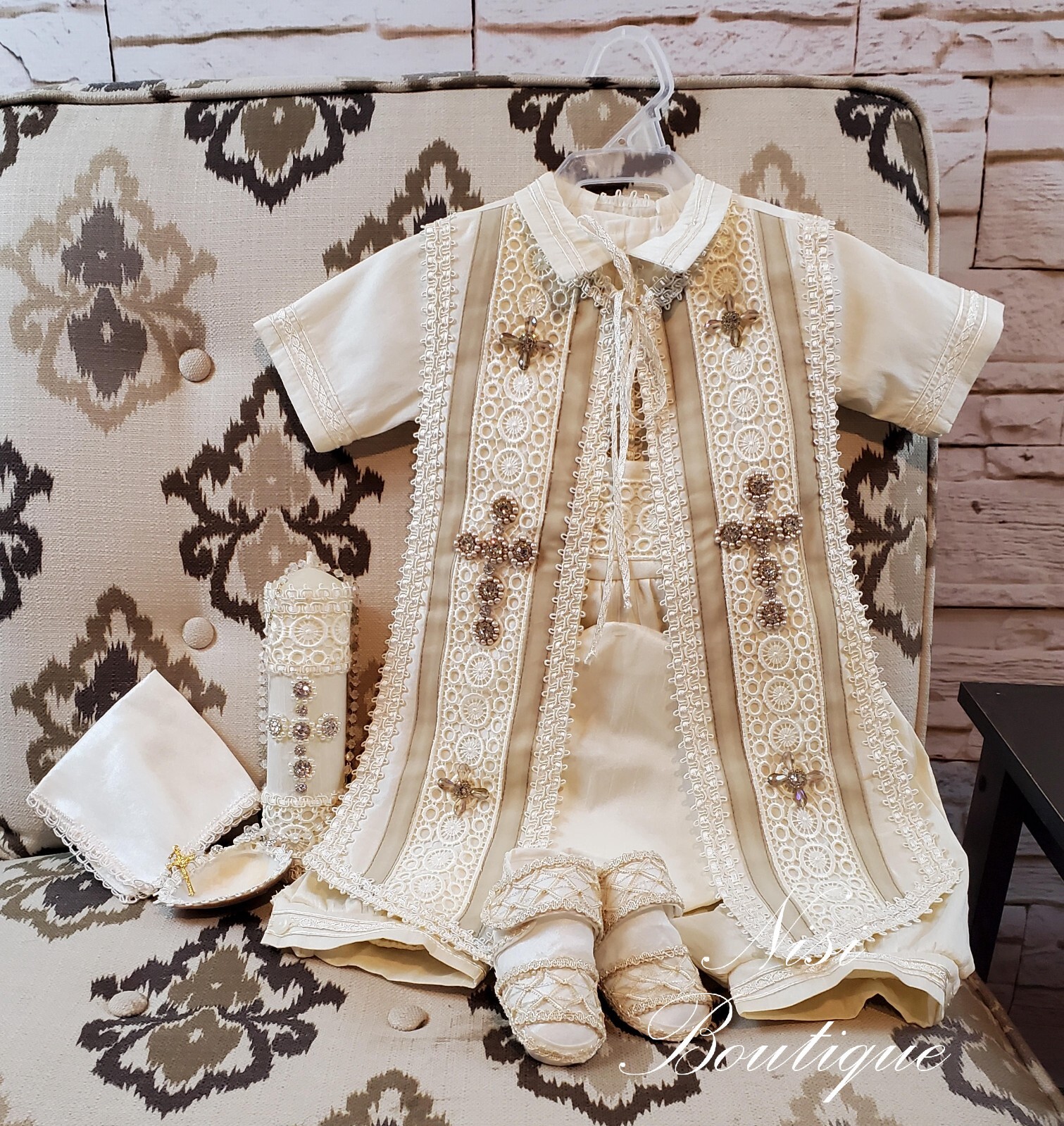 Baby Boy Christening Outfit 9 Pieces Set, Beige Color Blessing or Baptism Outfit