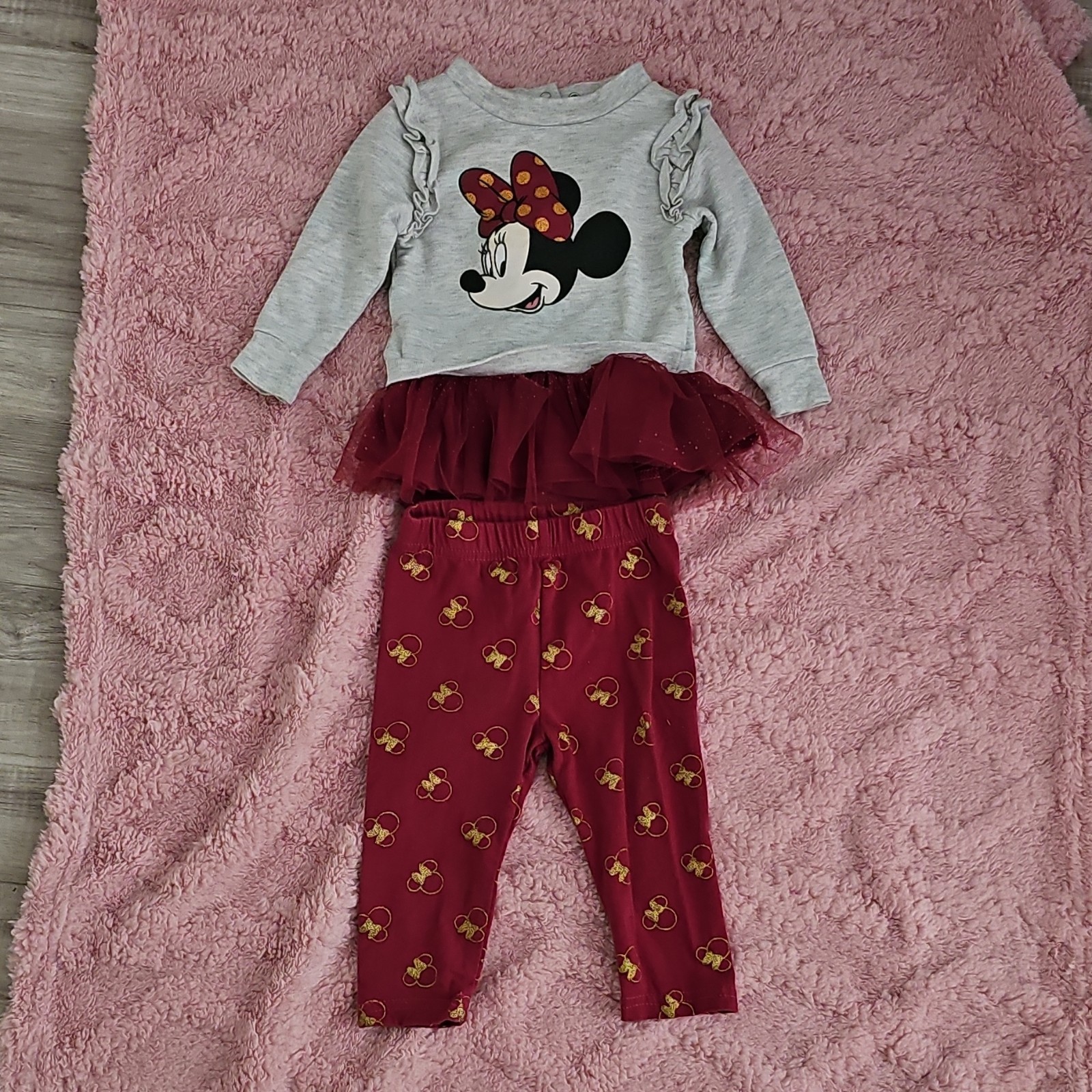 Girls Disney Minnie Mouse 2pc Set Gray Ruffle Long Sleeve Top Red Pants 12M