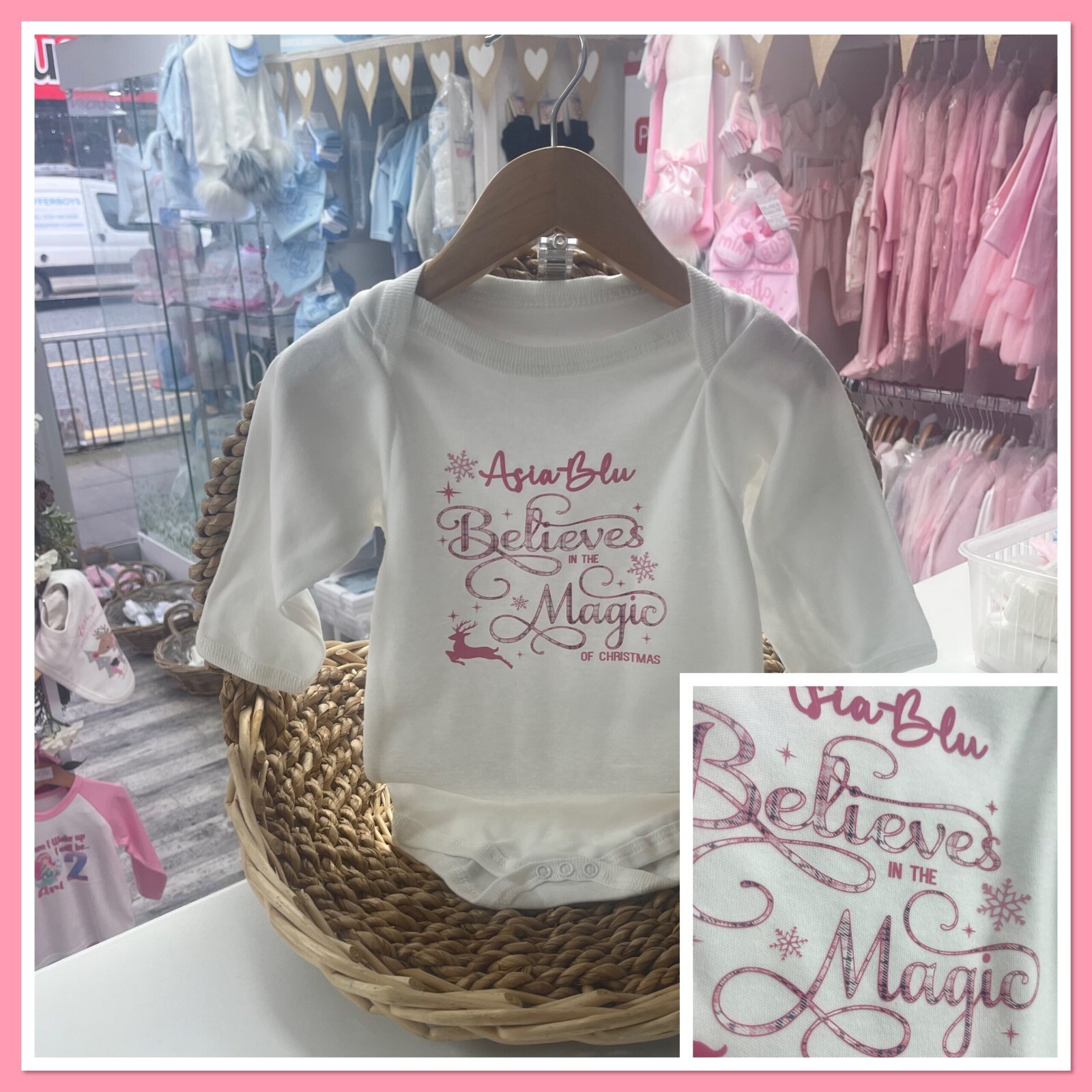 🎄 Personalised Girls First Christmas Believes in magic Bib Vest Grow 0-18m Pink