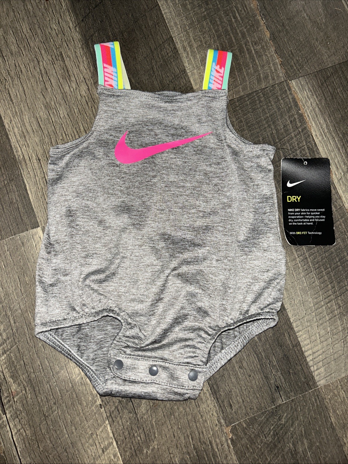 NIKE DRI-FIT BABY GIRLS 1Pc Swimsuit Rainbow Taping straps Grey 6 Months