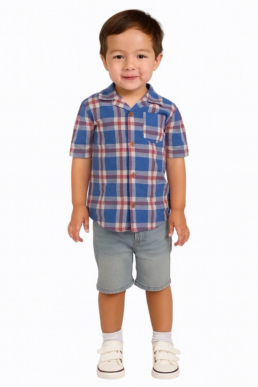 Koala Kids Toddler Boys 4T 2pc Outfit Set Plaid Linen Cotton Shirt Denim Shorts