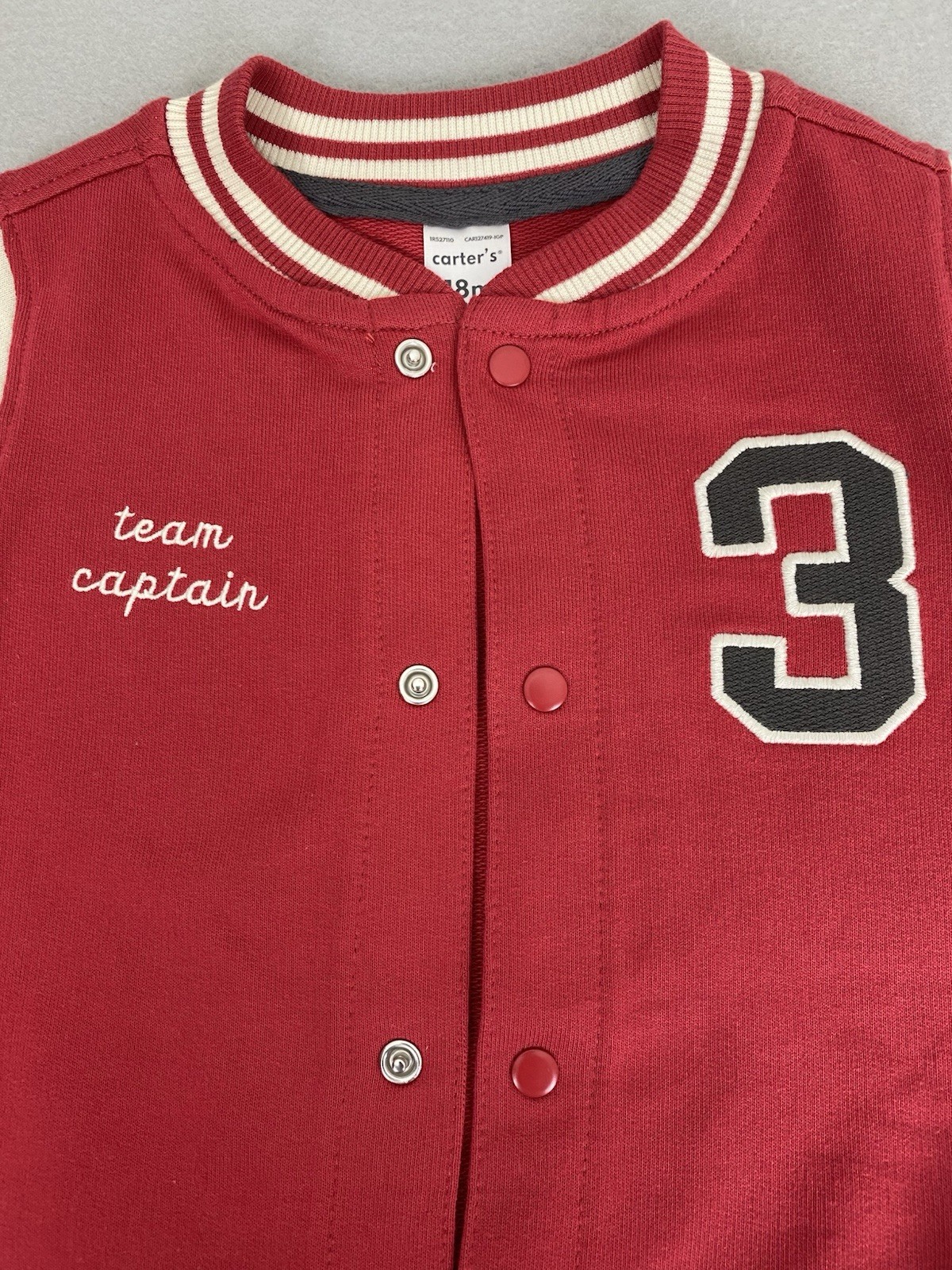 Carter’s Boys 3-Piece Outfit Set 18M NWT Varsity Jacket Bodysuit Pants Gray Red