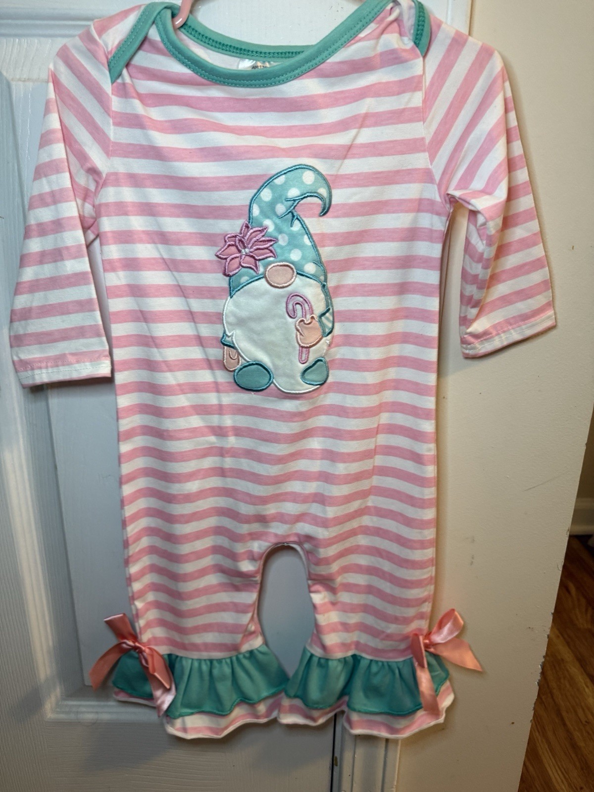 Girls Pink Stripe Gnome Ruffle Romper 12M Boutique Christmas/ Holiday Outfit