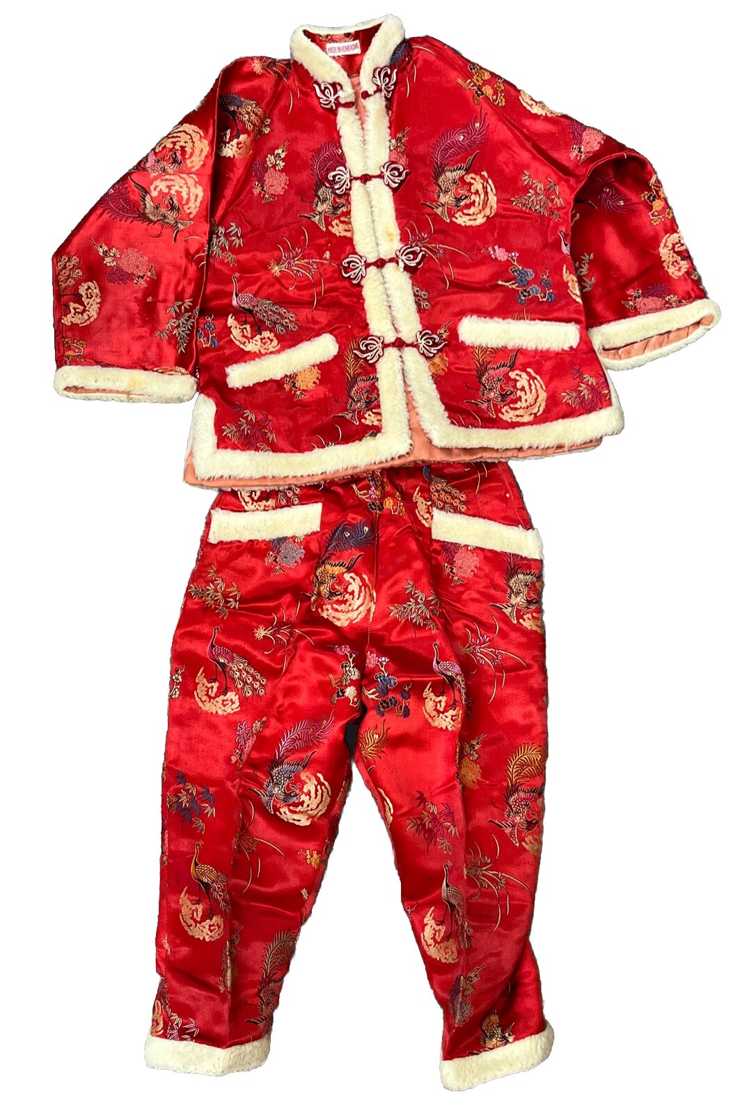 Traditional Chinese New Year Outfit Red Fur Trim Hong Kong Peacock Print