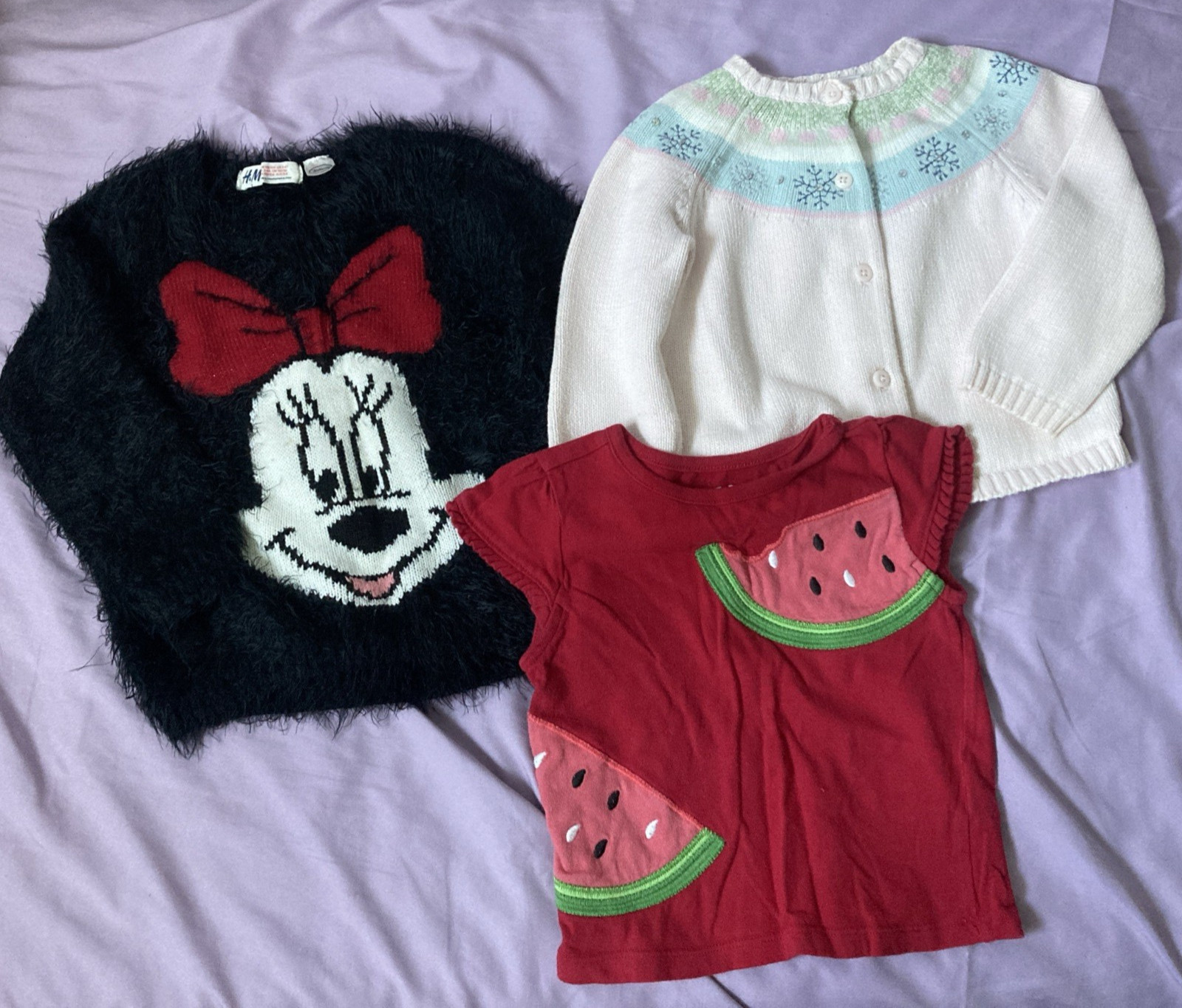 Lot of Girls Size 3 Clothes Sweater Cardigan Shirt H&M Minnie Mouse Watermelon