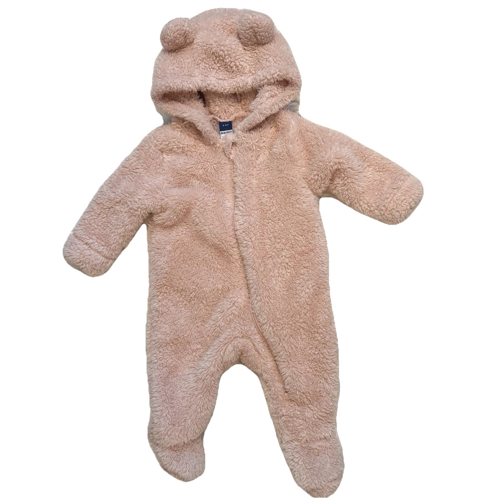Old Navy Bunting Baby Girl 3-6M Pink Snowsuit Sherpa Hooded Ears Footed EUC
