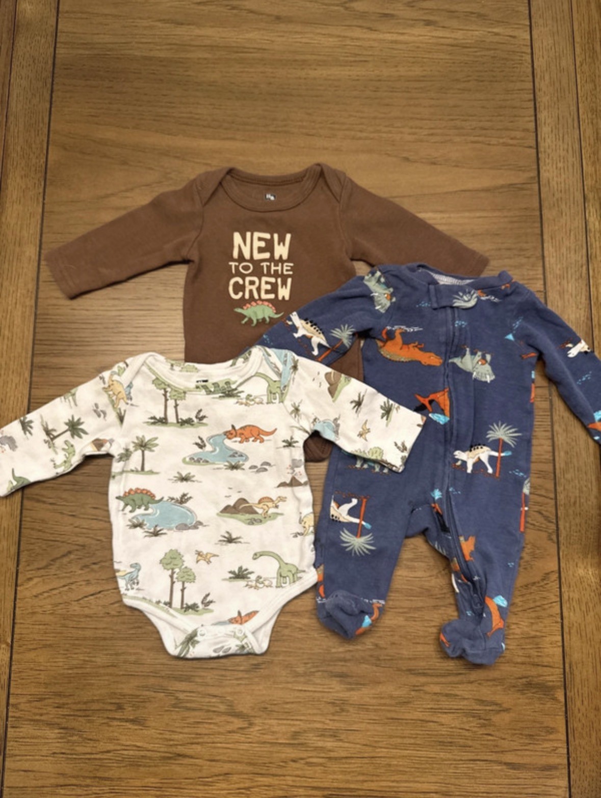 3 Piece Baby Boy Dinosaur Outfit Lot Newborn Sleeper & Long Sleeve Bodysuit