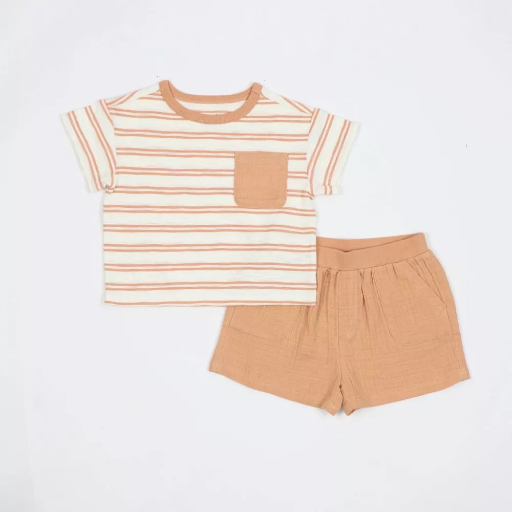 Baby Boys’ Rust Striped Pocket T-Shirt & Shorts Set Cloud Island™ Brown 12 M