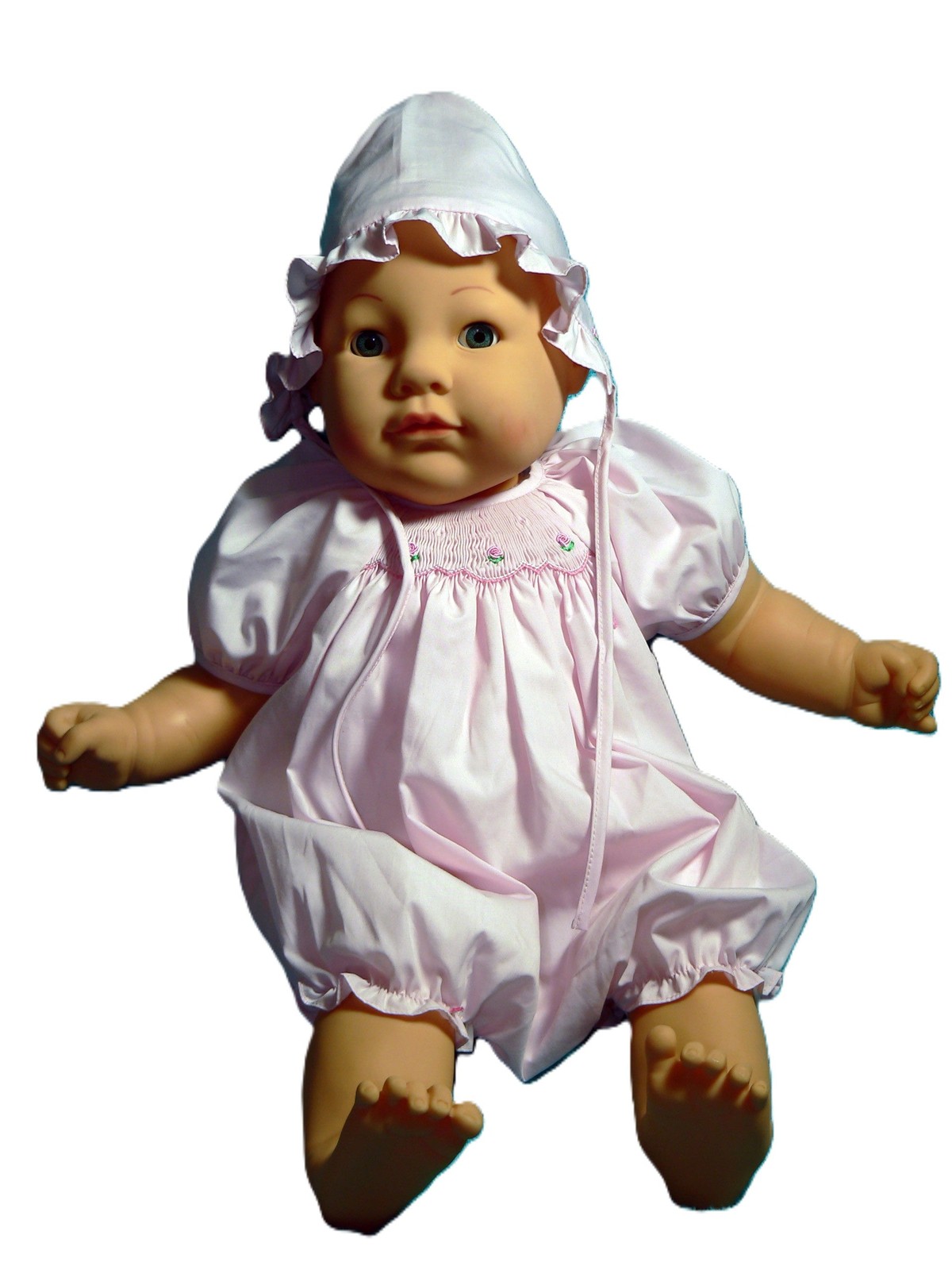 Pink Geometric Smocked with Roses Short Raglan Sleeve Dress & Beautiful Bonnet