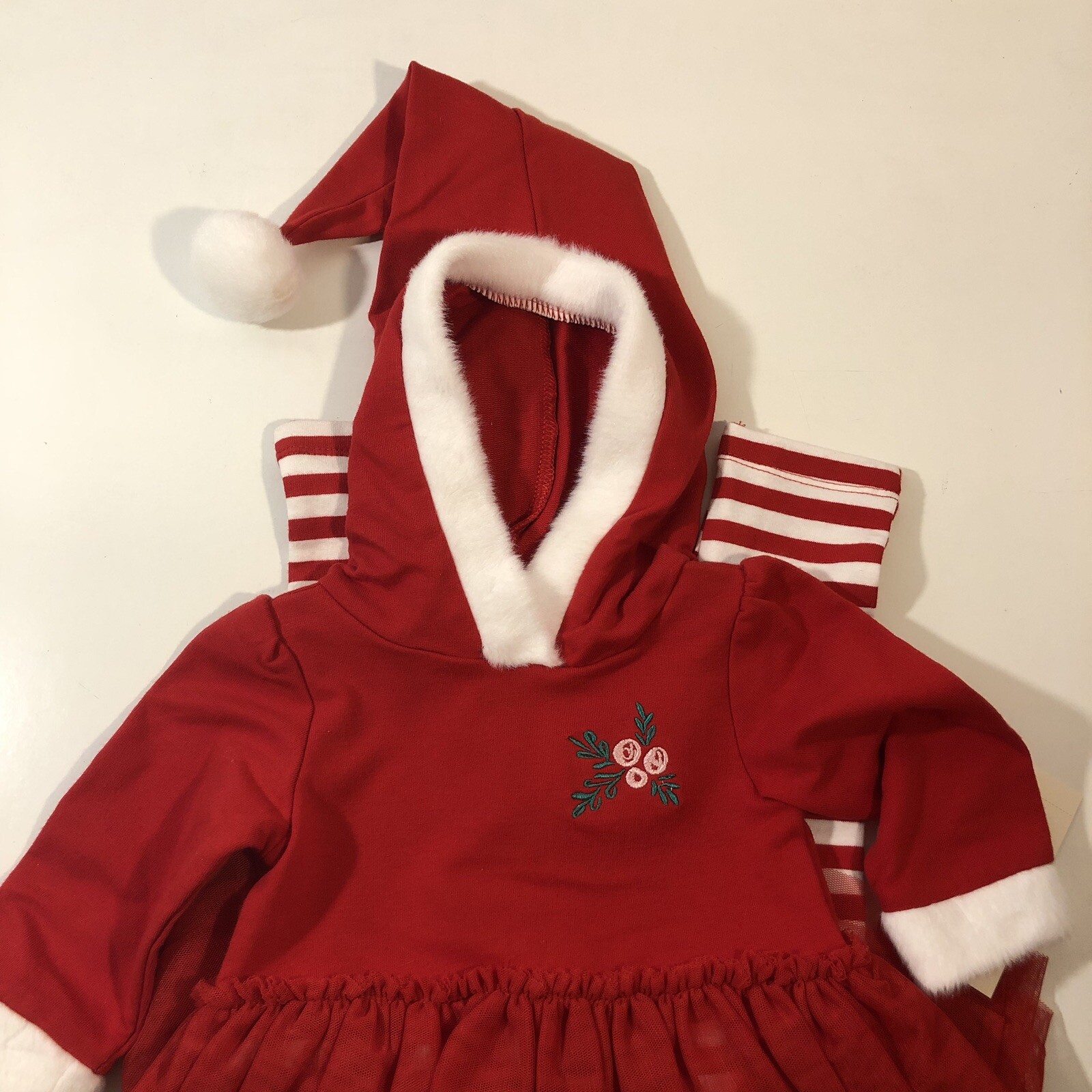Cat & Jack Baby Girl Christmas Red Stripes Tutu Outfit Santa Elf Hat/Hood 0-3M