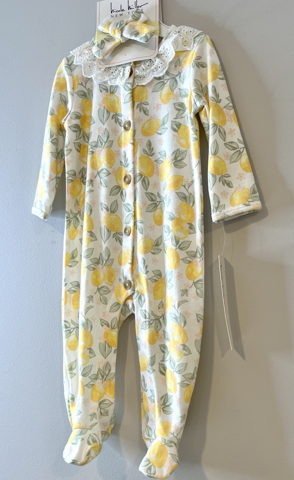 Nicole Miller Baby L/S Bodysuit & Headband 6-9 Mon Lemon Print Embroidered NWT
