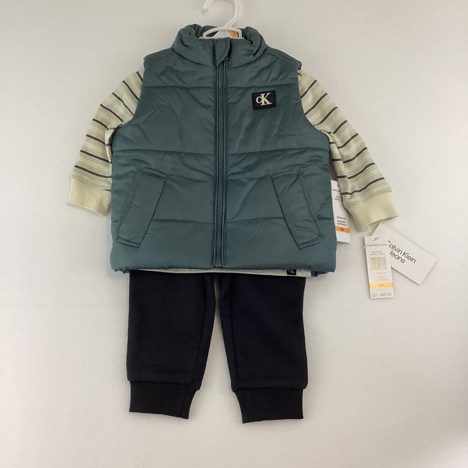Calvin Klein Baby Boy 3 Piece Set Full Zip Vest/Shirt/Swear Pants 12 Month NWT