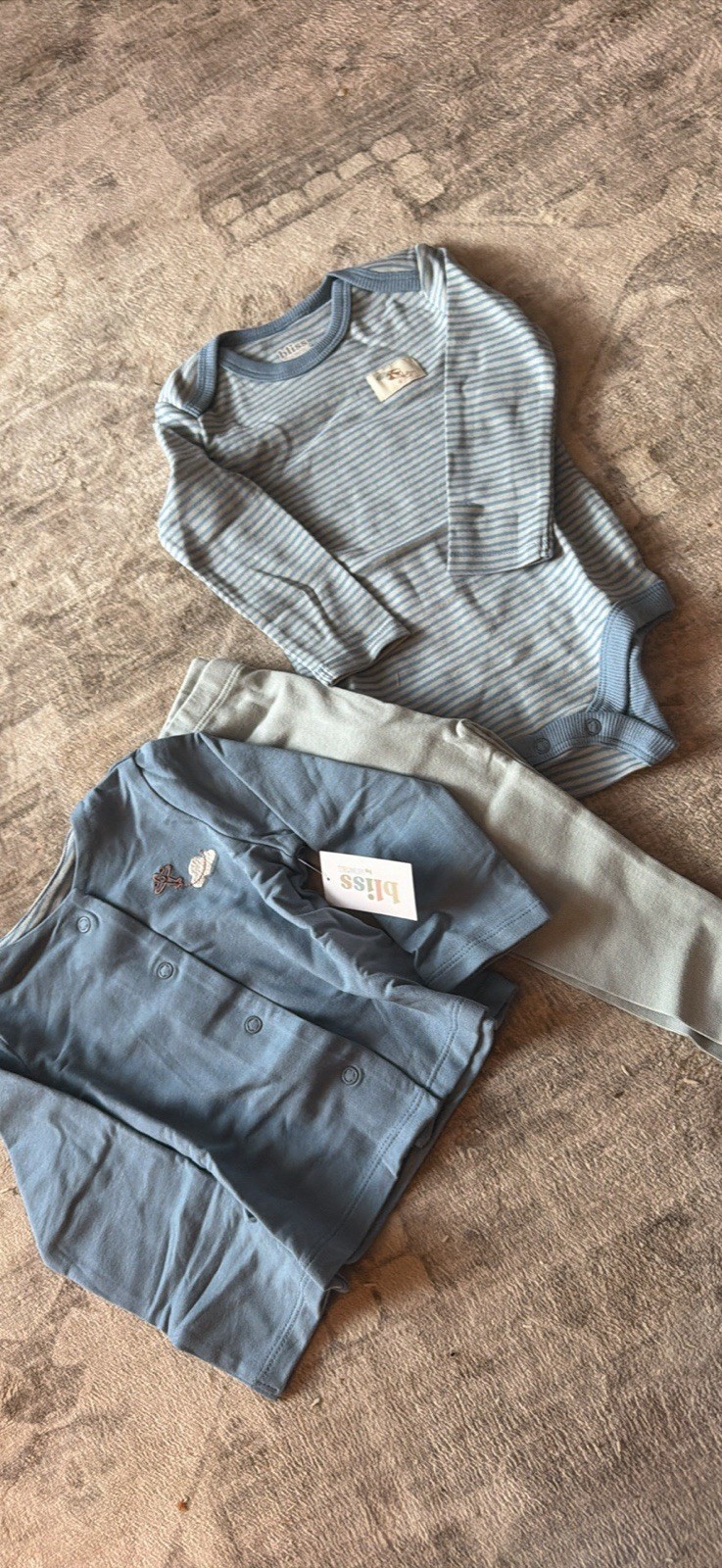Bliss by Chateau 3-Piece Outfit Set 12M Blue Gray Bodysuit Pants Cardigan