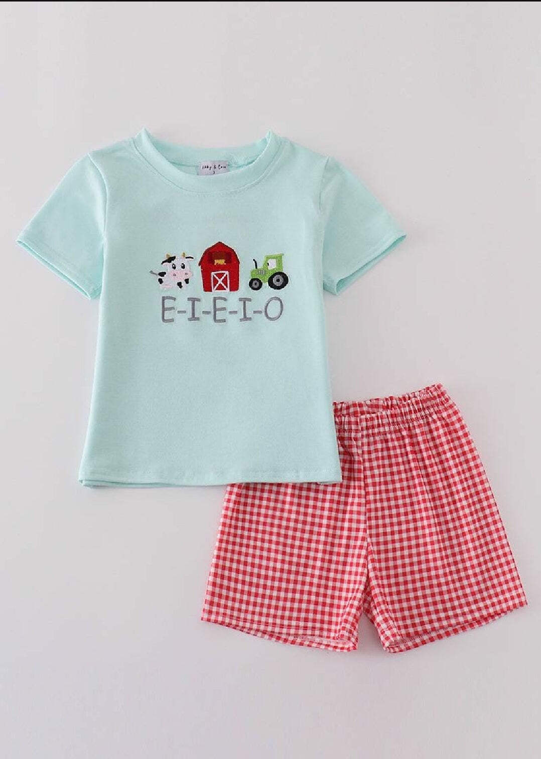 Boy’s Boutique Red Farm E-I-E-I-O Applique Checkered Embroidered Embroidery Shor