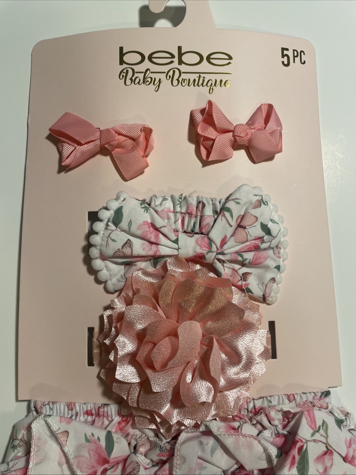 Bebe Baby Boutique 5 Piece Set, Bows, & 2 Headbands Pink &Floral Print New