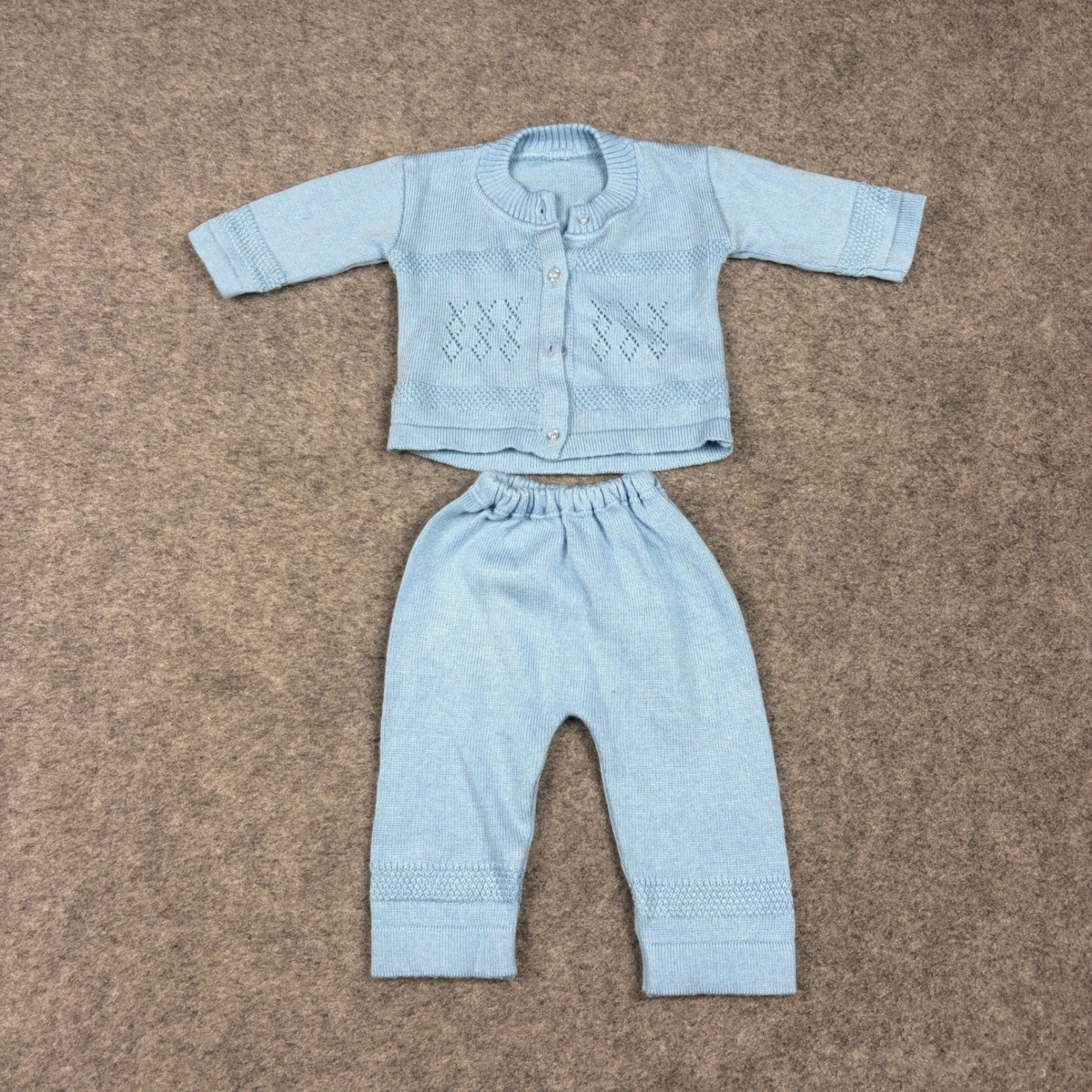 Unbranded Knit Cardigan and Pants Set Baby Blue Newborn Vintage 90s Pointelle