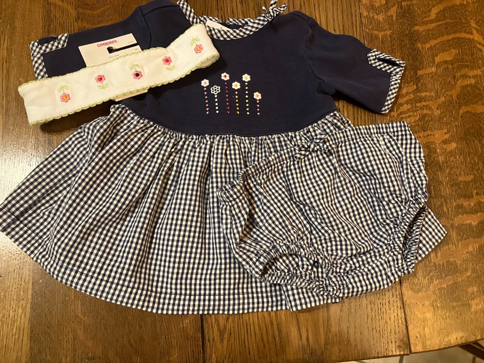 Vtg Gymboree 2001 Flower Power navy blue gingham dress dc headband 0-3