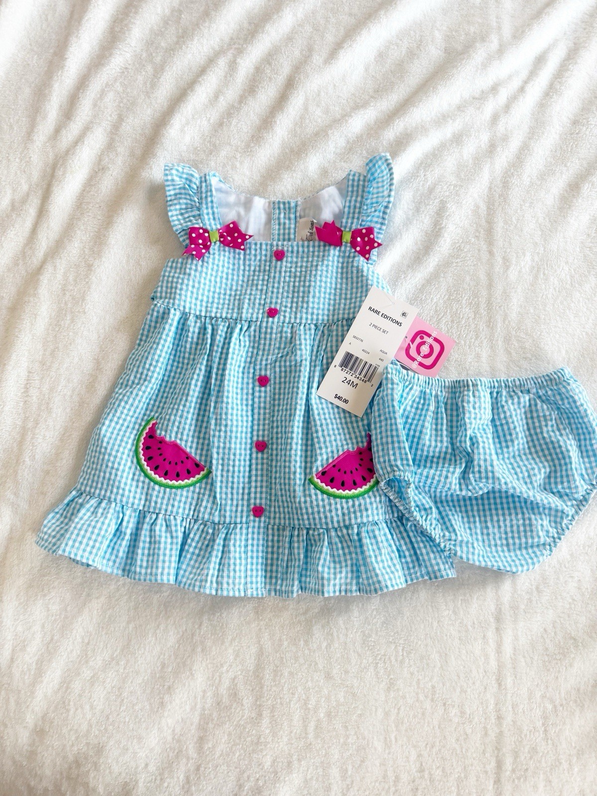 Rare Editions Girls 24M 2pc Seersucker Gingham Fruit Dress Set Bloomers Bow