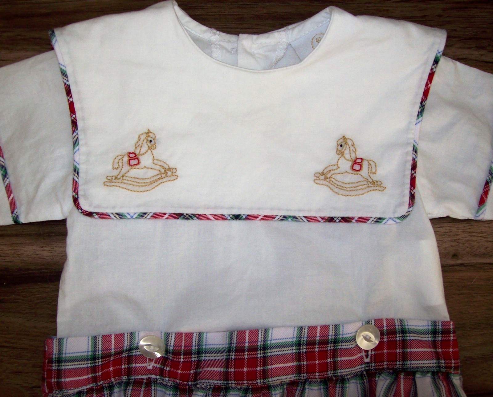 Boy 9 M: Boutique ~LULLABY SET~ Plaid CHRISTMAS ROMPER Rocking Horse EMBROIDERED