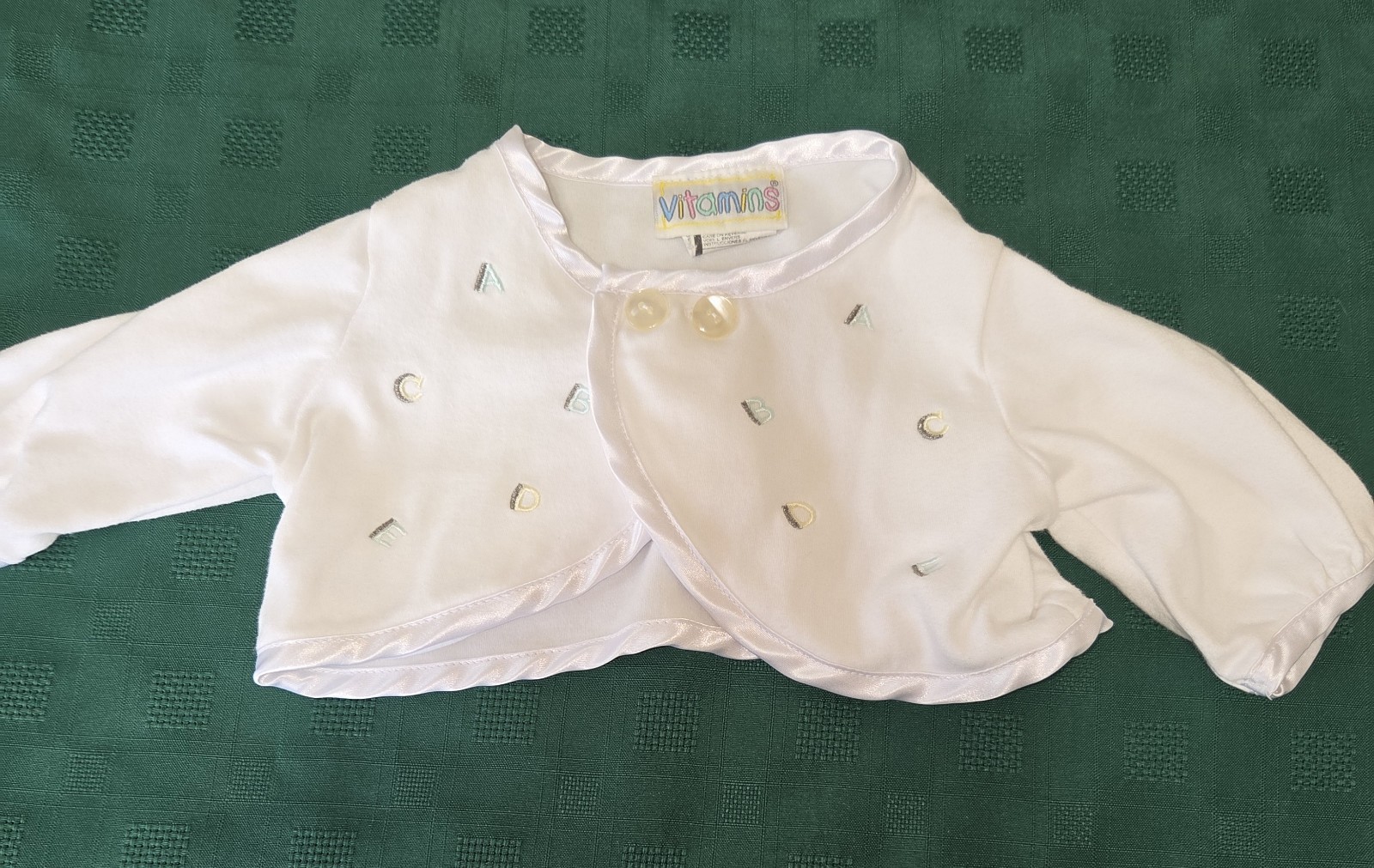 Vintage Vitamins White Baby 2pc Outfit 3-6 Months Baptism Satin Trim Embroider