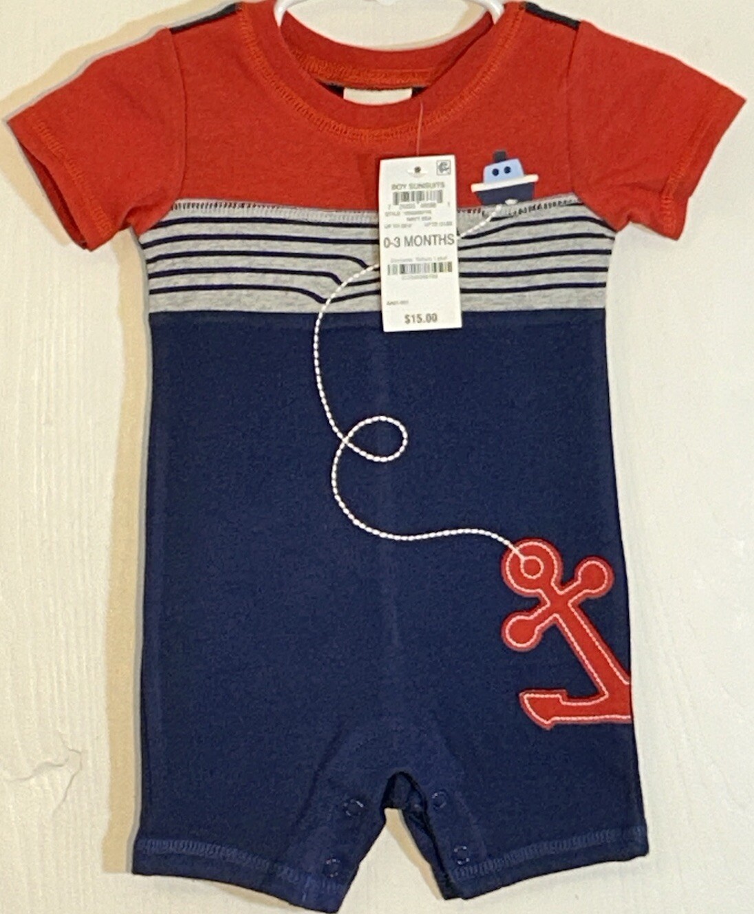 First Impressions Baby Boy 0-3M One Piece Outfit Red/Blue/Gray Boat & Anchor NWT