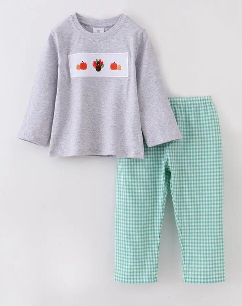 NEW Boutique Turkey Thanksgiving Boys Embroidered Panel Shirt Plaid Pants Outfit
