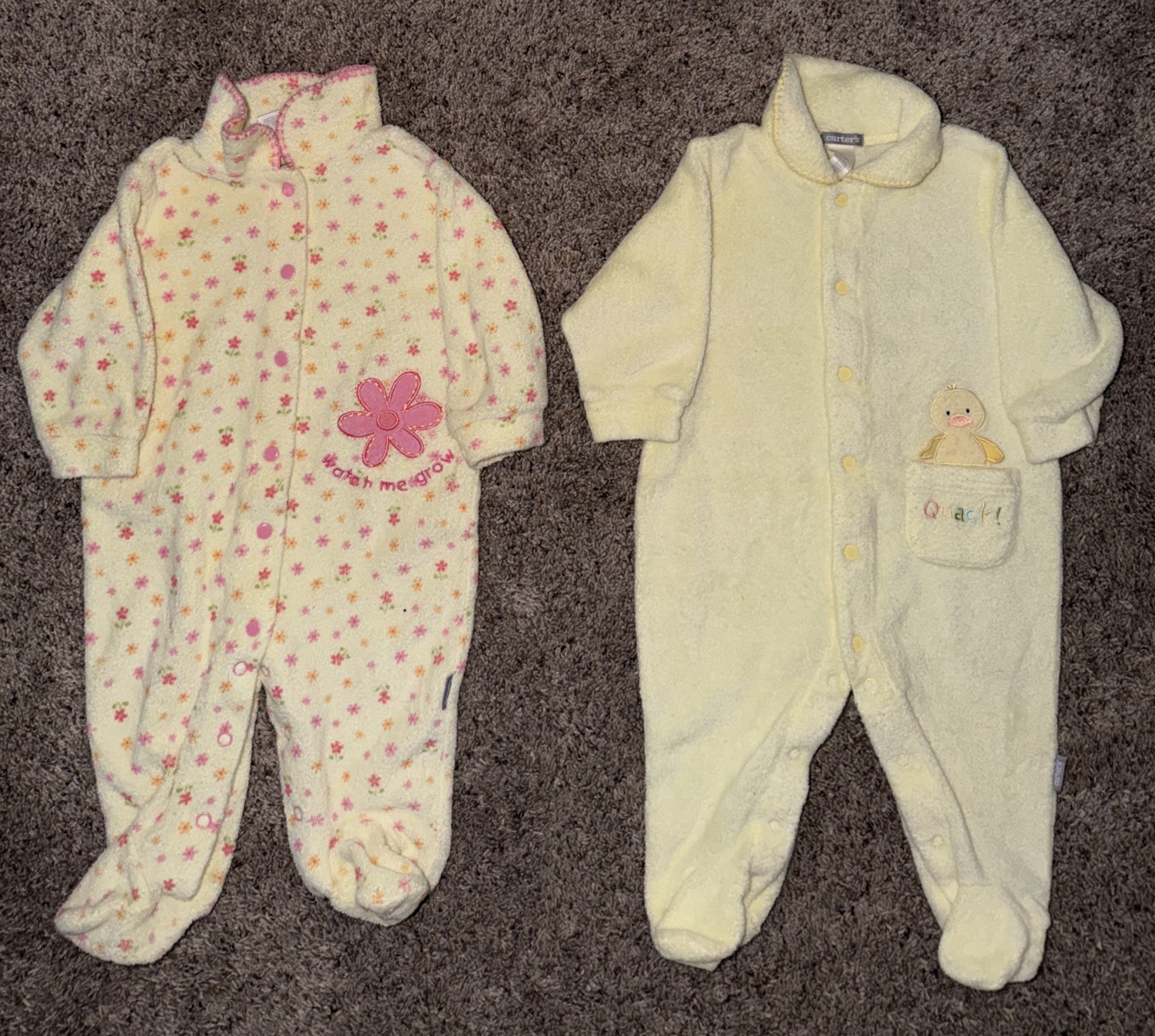 2 VTG Carter’s Yellow Pink Flower Terry Cloth Sleeper’s Quack/Watch Me Grow 3-6M