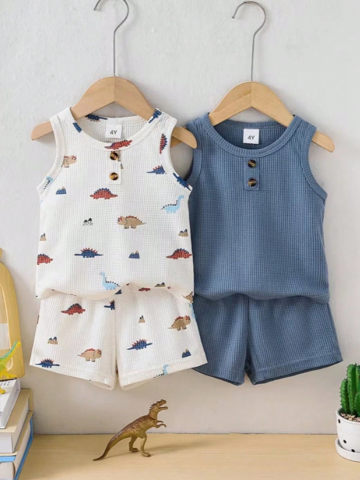 Kids Boys Dino Waffle Knit Tank & Shorts 2-Piece Set Casual Beach Outfit