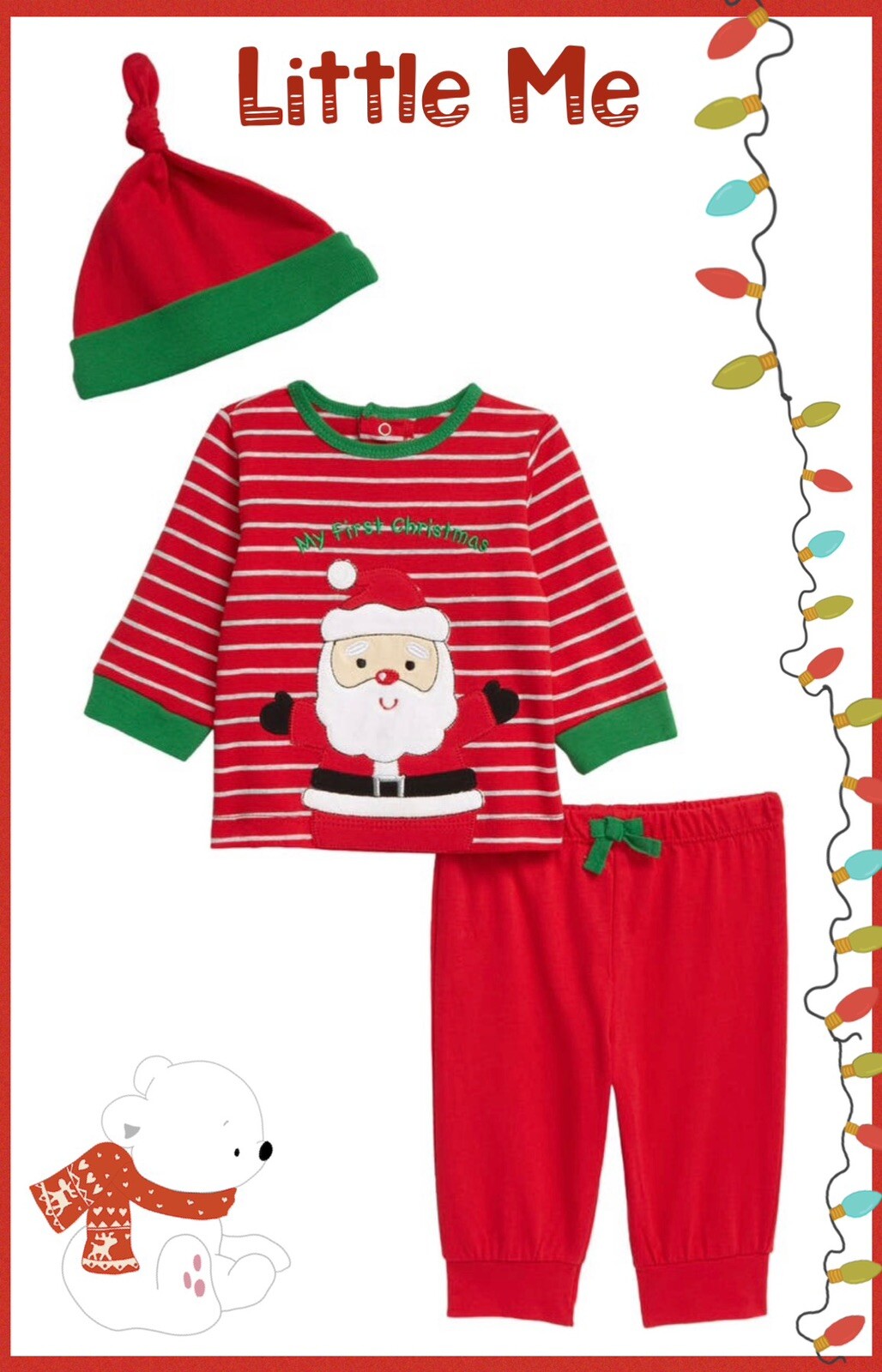 LITTLE ME Santa Top, Joggers & Hat Set Size 3 Months