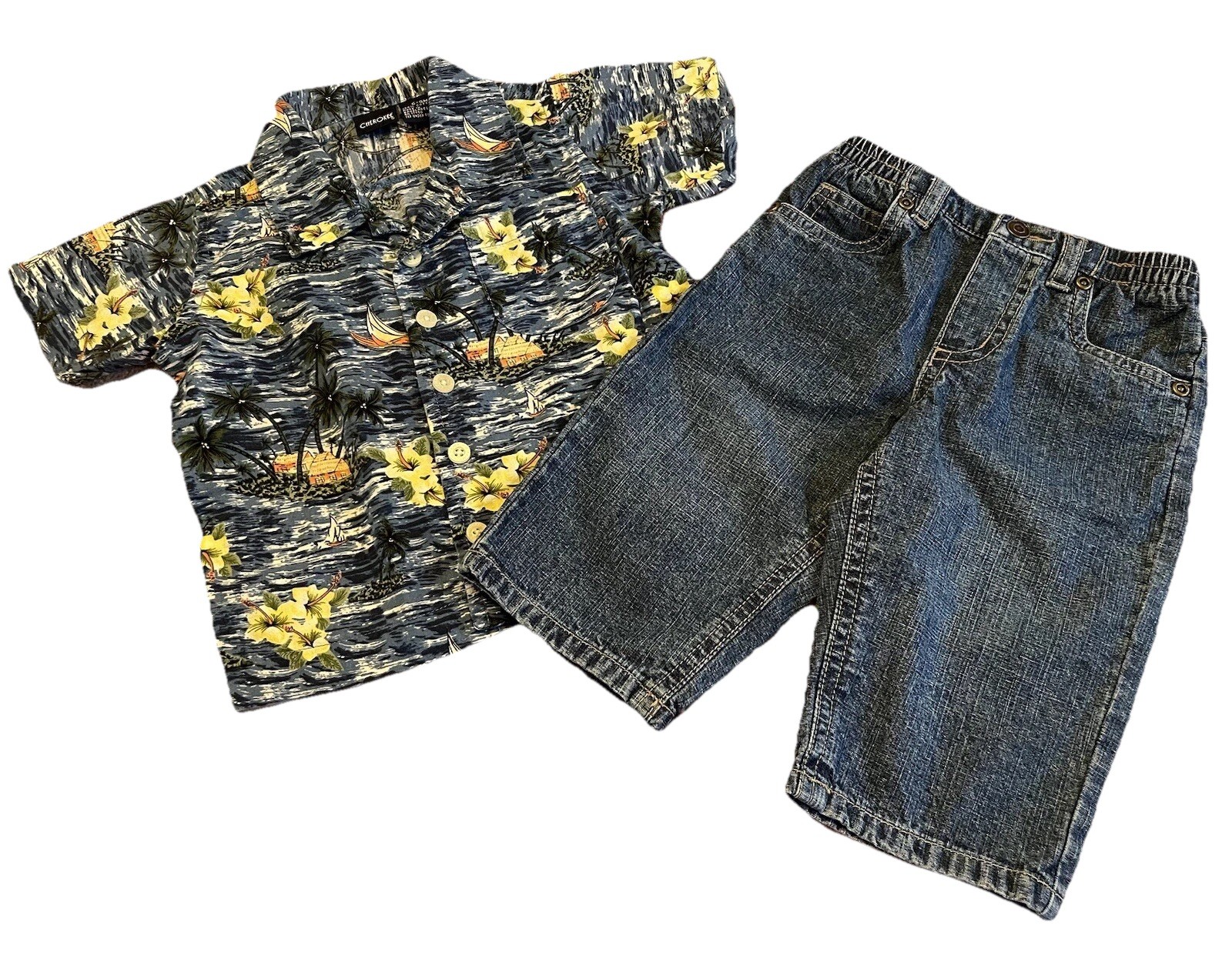 Boy’s Set Blue Tropical Shirt & Denim Jeans 9-12 Months Plus Bonus Vacay Time