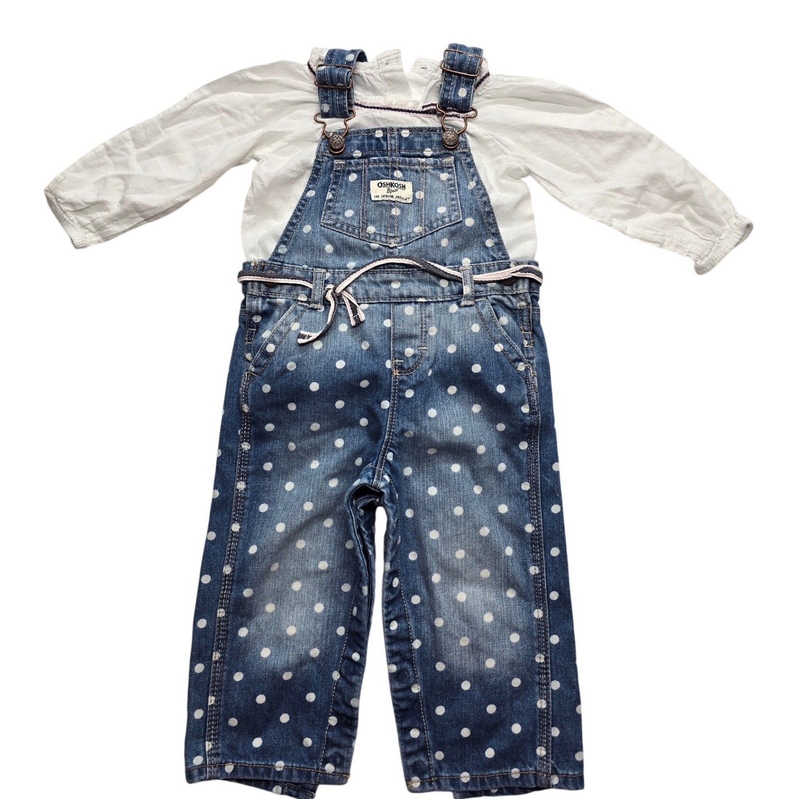 OshKosh Bgosh Polka Dot Denim Overalls and Bodysuit Set Blue White 18M Girls
