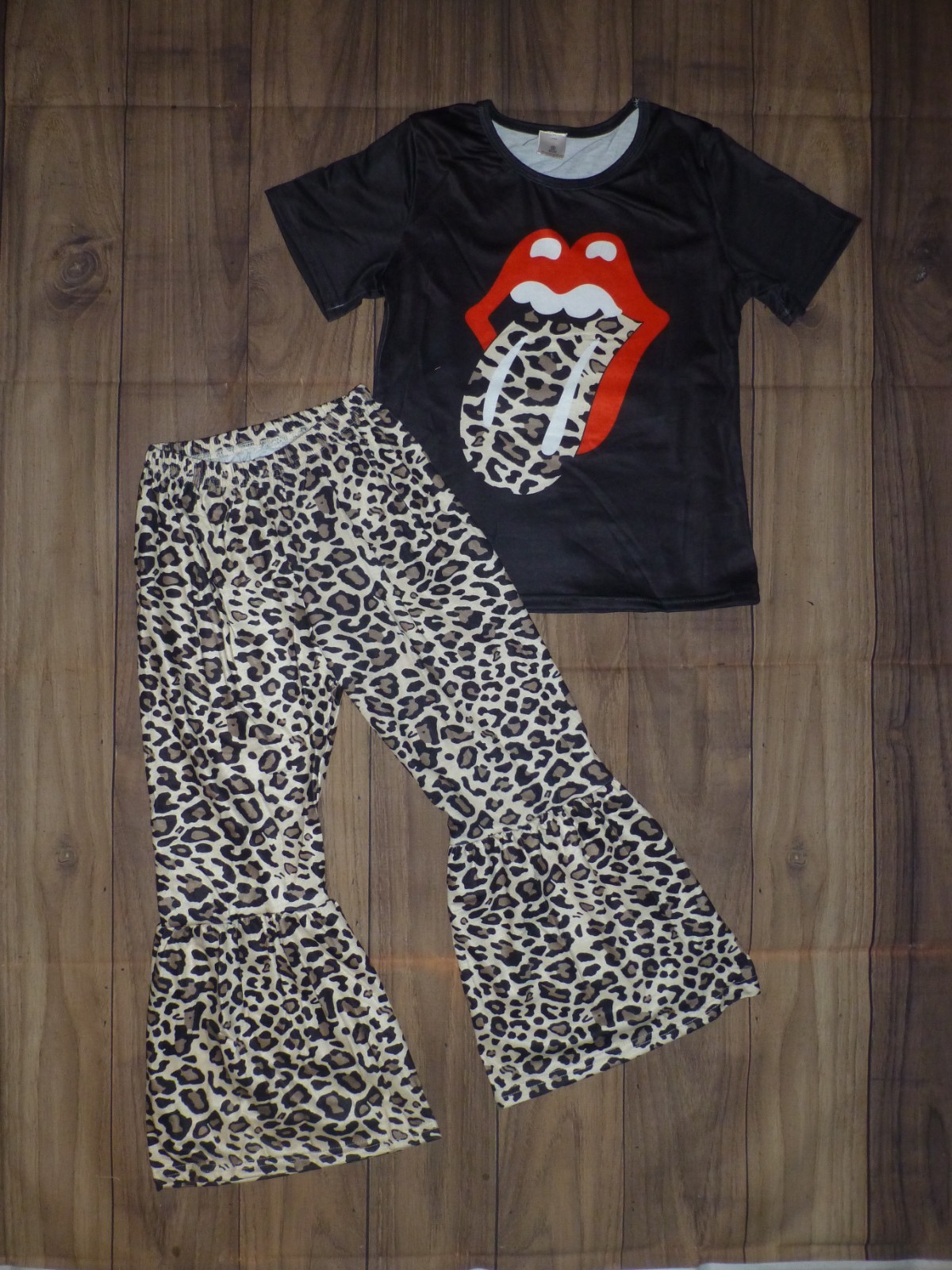 NEW Boutique Rock n Roll Rolling Stones Tongue Leopard Bell Bottoms Girls Outfit