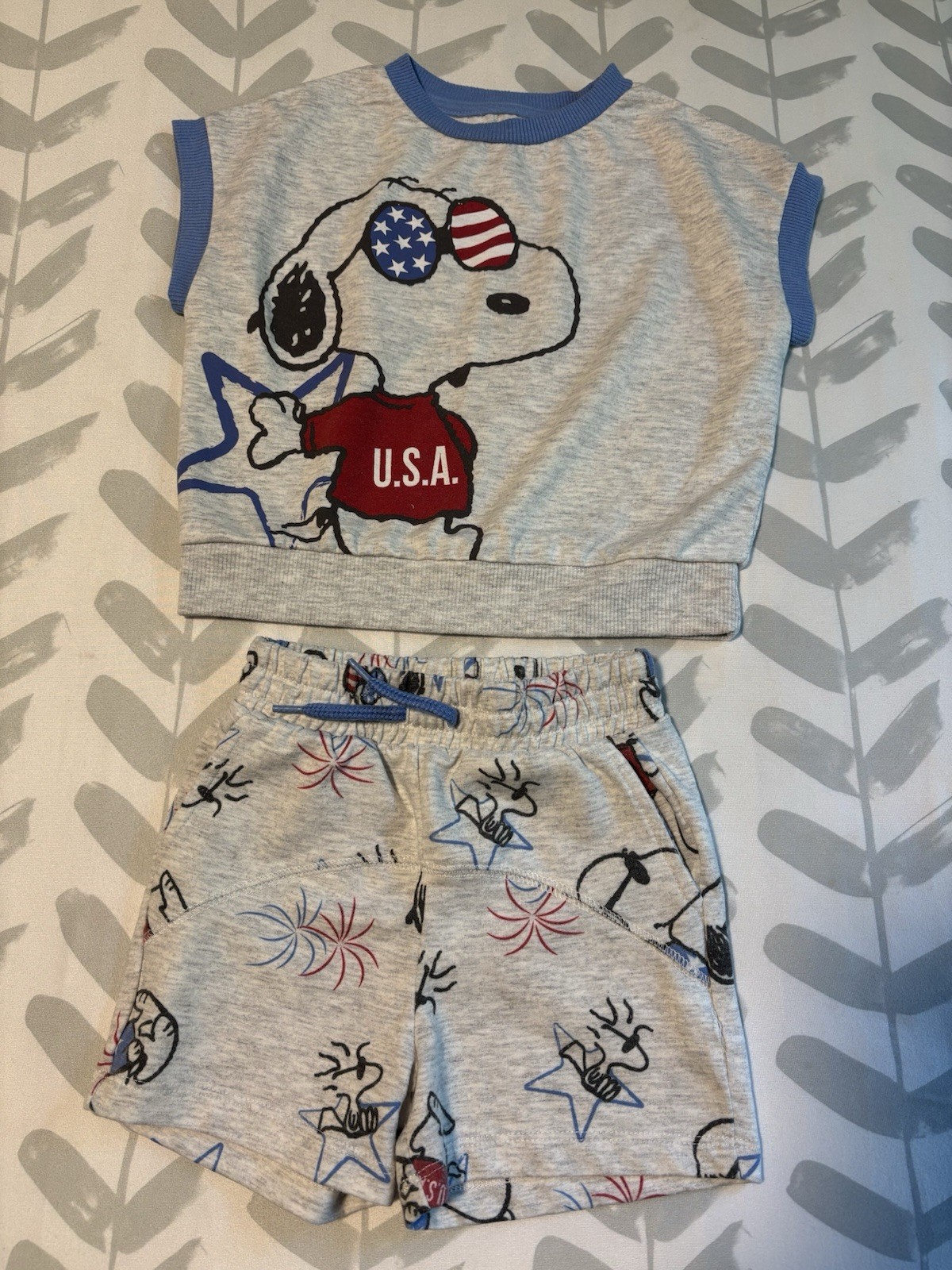 Peanuts Snoopy USA 2T 2pc Lounge Shorts Set Gray Sleeveless Drawstring