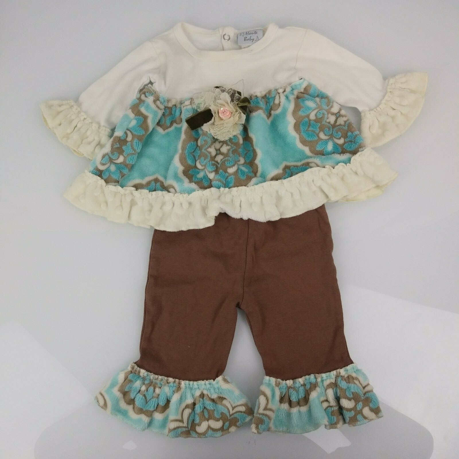 Haute Baby Minky Ruffles Blue Cream Tan Brown Mandala Flare Shirt Pant Set 3-6