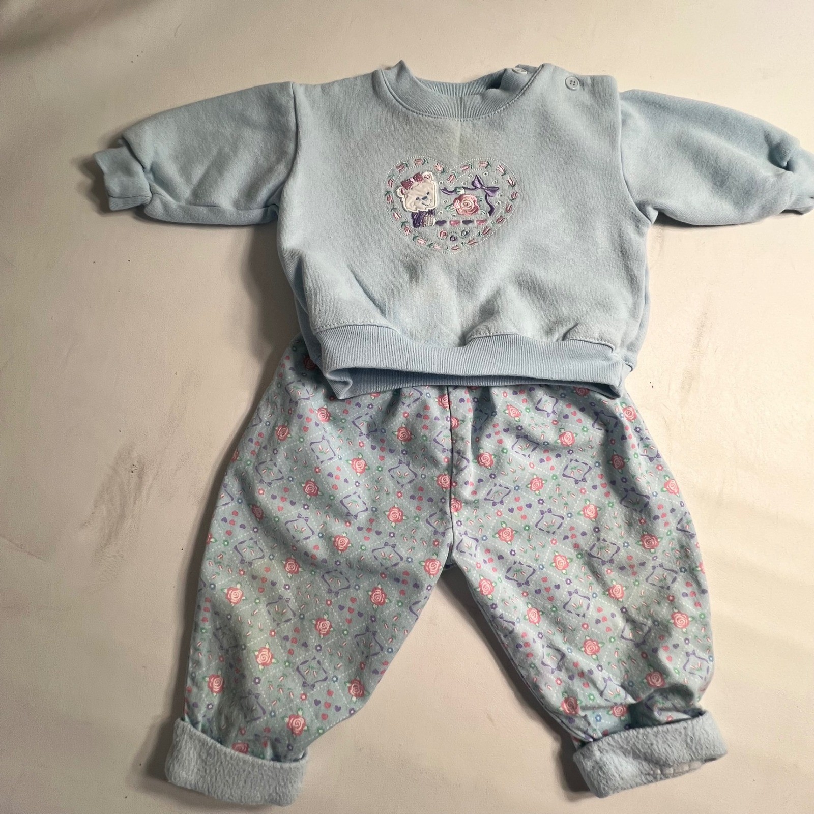 Vintage Kids N Fun Baby Blue Bear Heart Floral Sweatshirt Pants Set 12M 90s Y2K