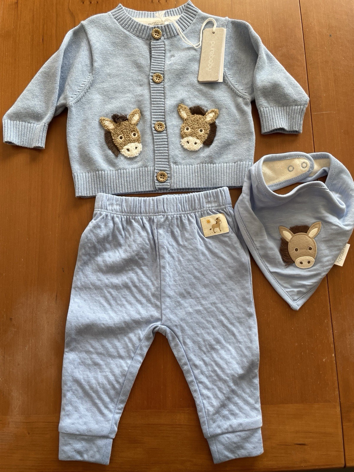 PureBaby NWT Blue Burro Organic Cotton Knit Cardigan Sweater, Pants & Bib-0-3Mos