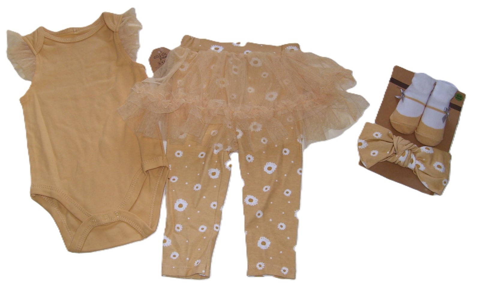 Girls Chick Pea 4 Pc Daisy Bodysuit Tutu Pants Socks Bow Headband Outfit 6-9M