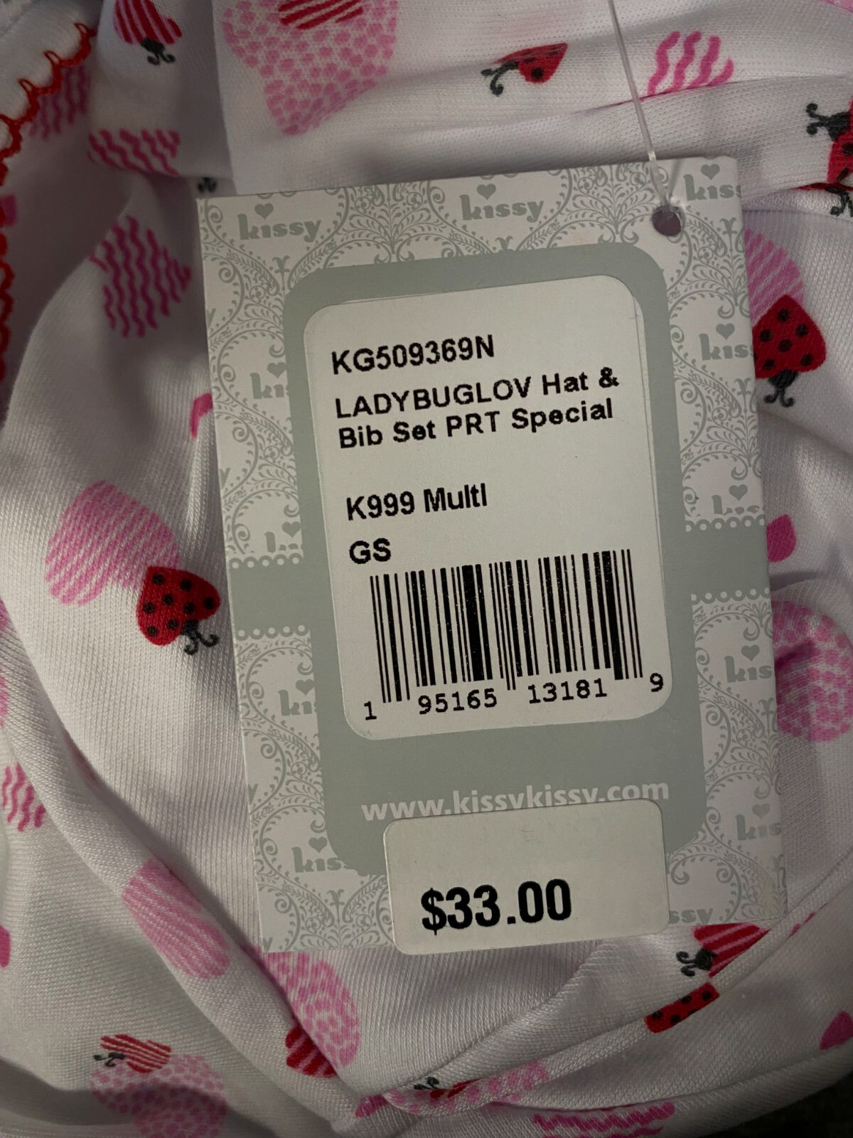 $33 Kissy Kissy Baby White Pima Cotton Ladybug Love Bow Hat Bib Set Size SM