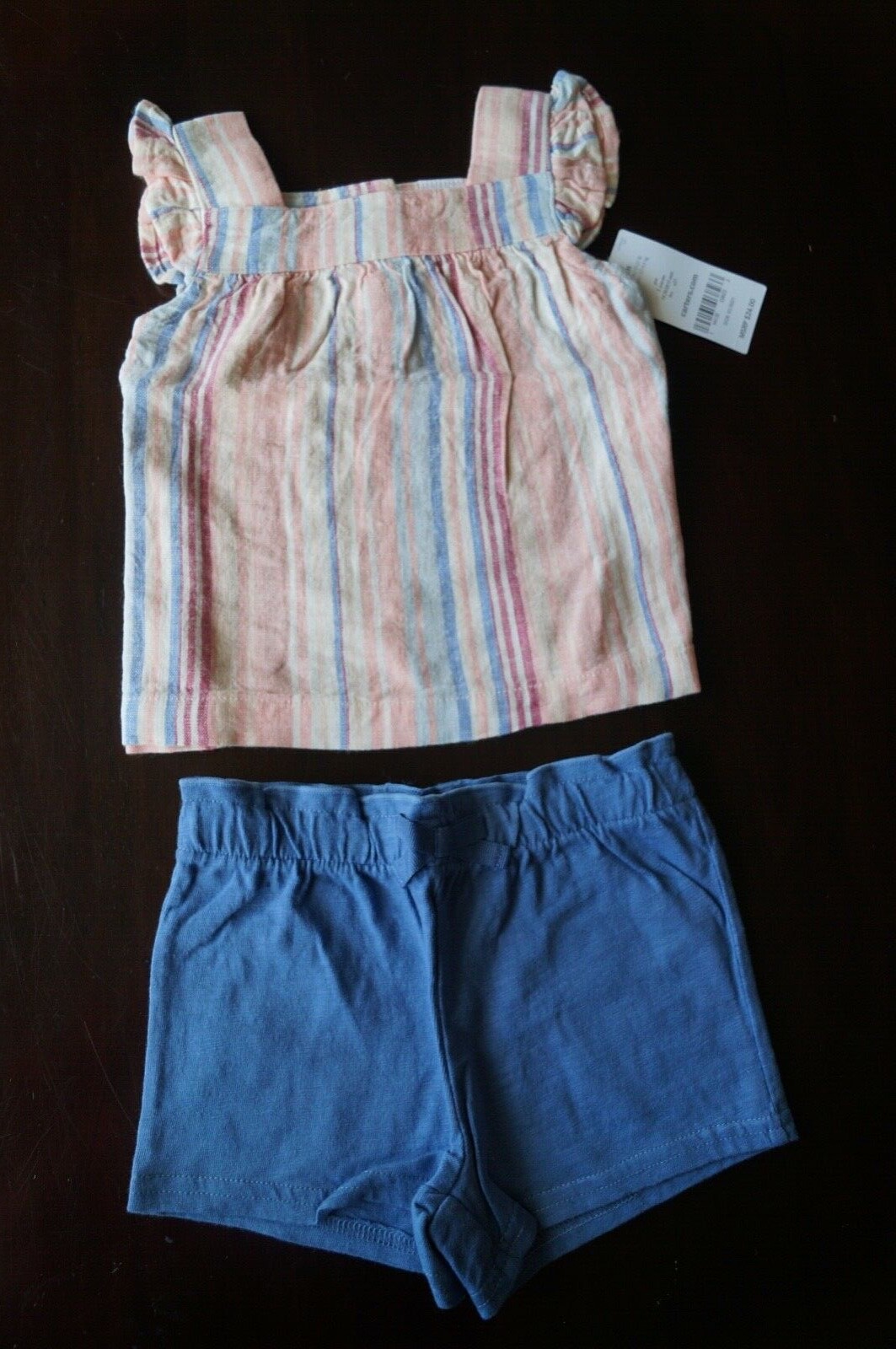 NWT 2 Pc Set Baby Girl Carters Striped Flutter Sleeve Top & Shorts Set Sz 9 Mos