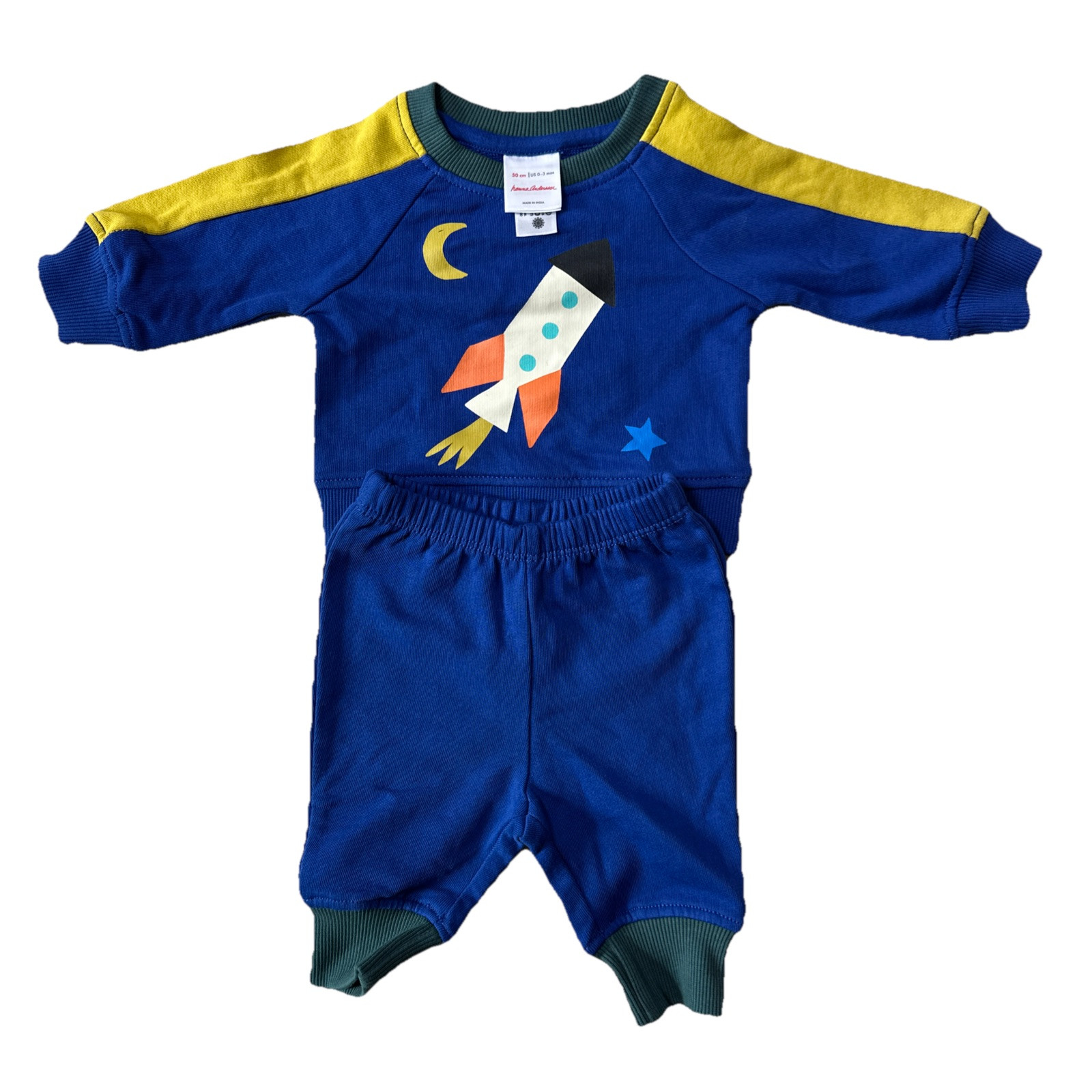 New Hannah Andersson Sweatsuit Set Sweatshirt Sweatpants Rocket Baby Boy 0-3 Mo