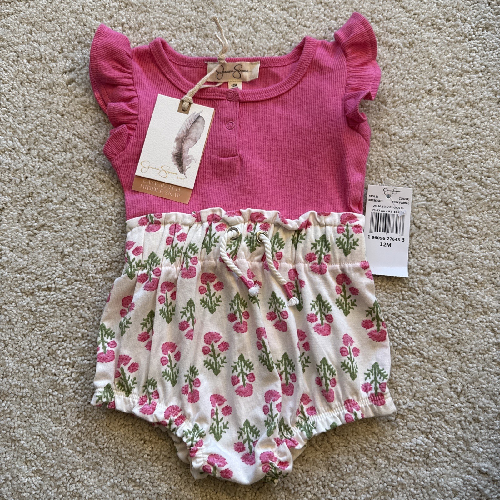 NWT Jessica Simpson Baby Girl Toddler Pink Flower Ruffle Romper Outfit 12 Month