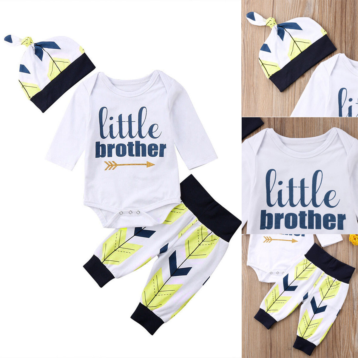 Newborn Kid Baby Boy Bodysuit Outfits Long Sleeve Romper Pants Hat Clothes Set