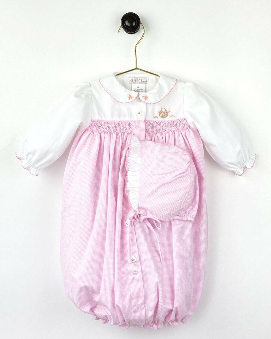 Petit Ami Embroidered Pink Check Convertible Gown & Bonnet Set Newborn 3 6 Month