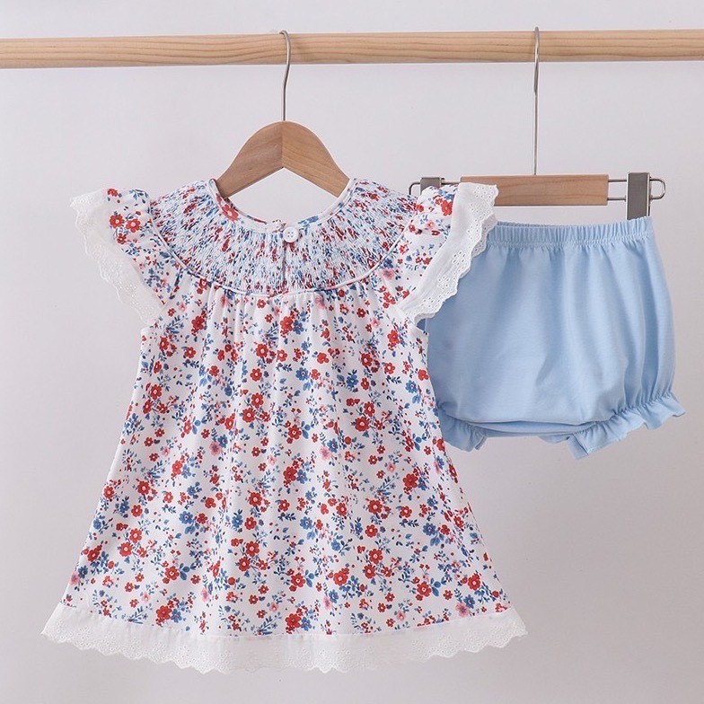 Abby & Evie Girls 3T Smocked Floral Dress and Bloomers Set Blue Red White NWT