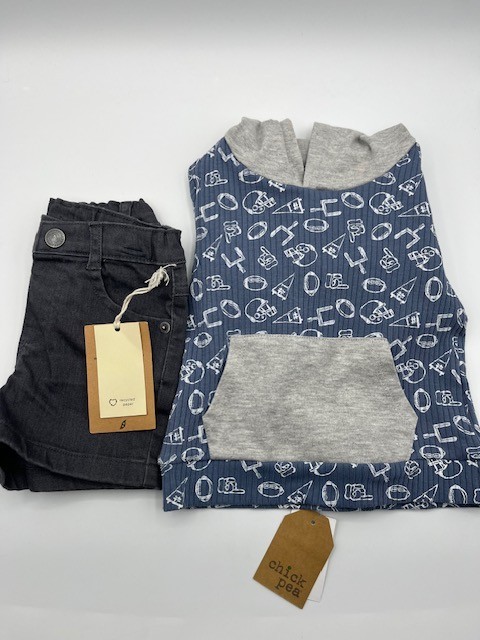 Chick Pea/ Easy Peasy 18M Baby Boy 2 pc. Outfit Hoodie Short Set, Football Print