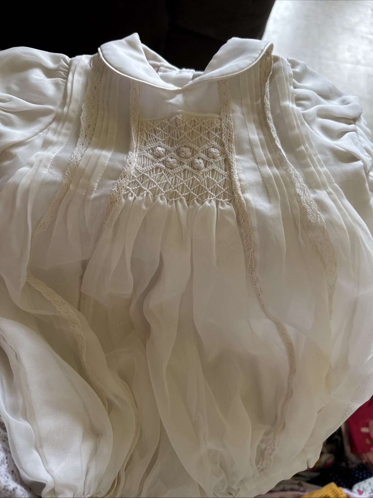 Vintage White Infant Romper with Pintucks and SmockedDetails