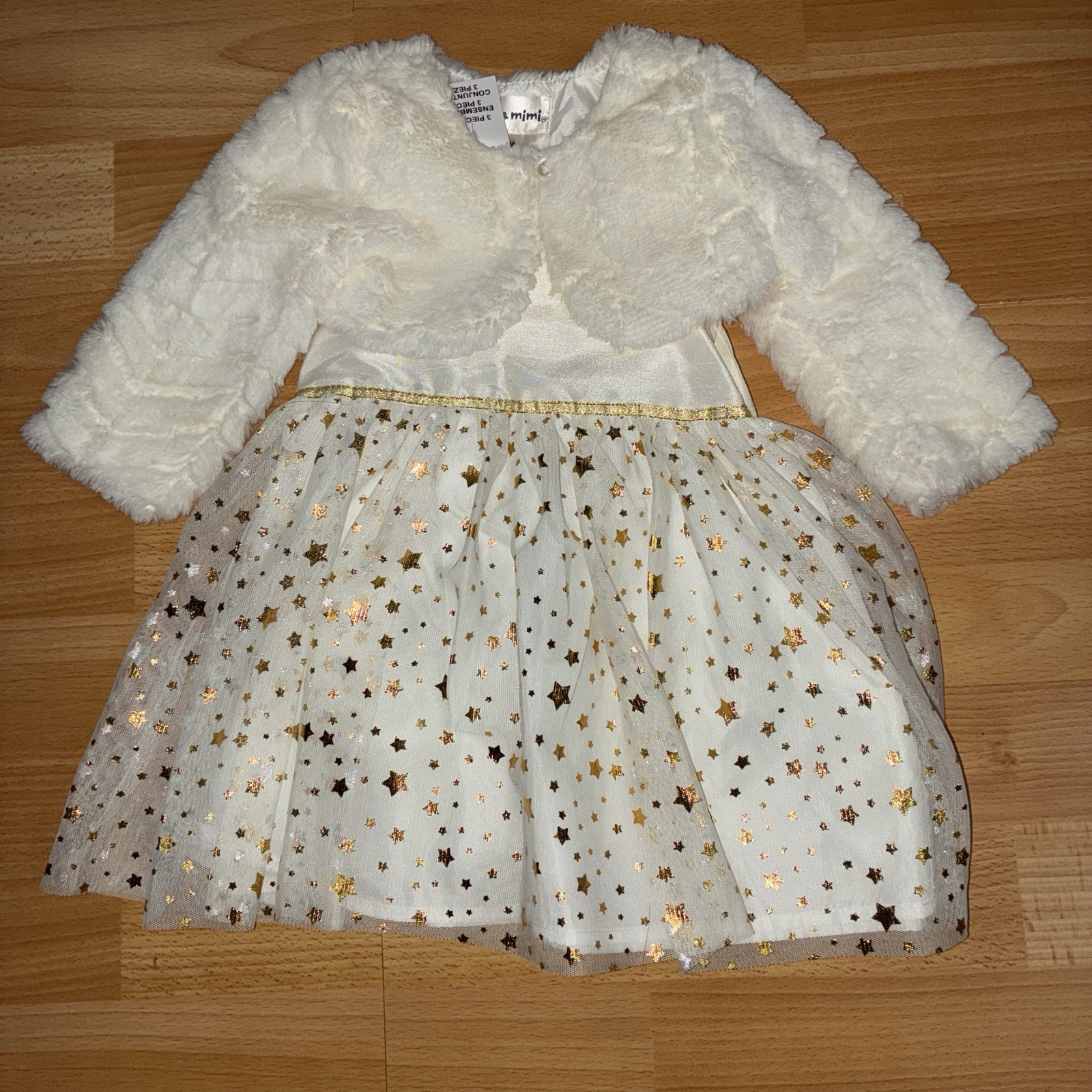 mia & mimi Girls 2 Piece Ivory Star Dress Set w/ Jacket 12M Fur Trim Glitter
