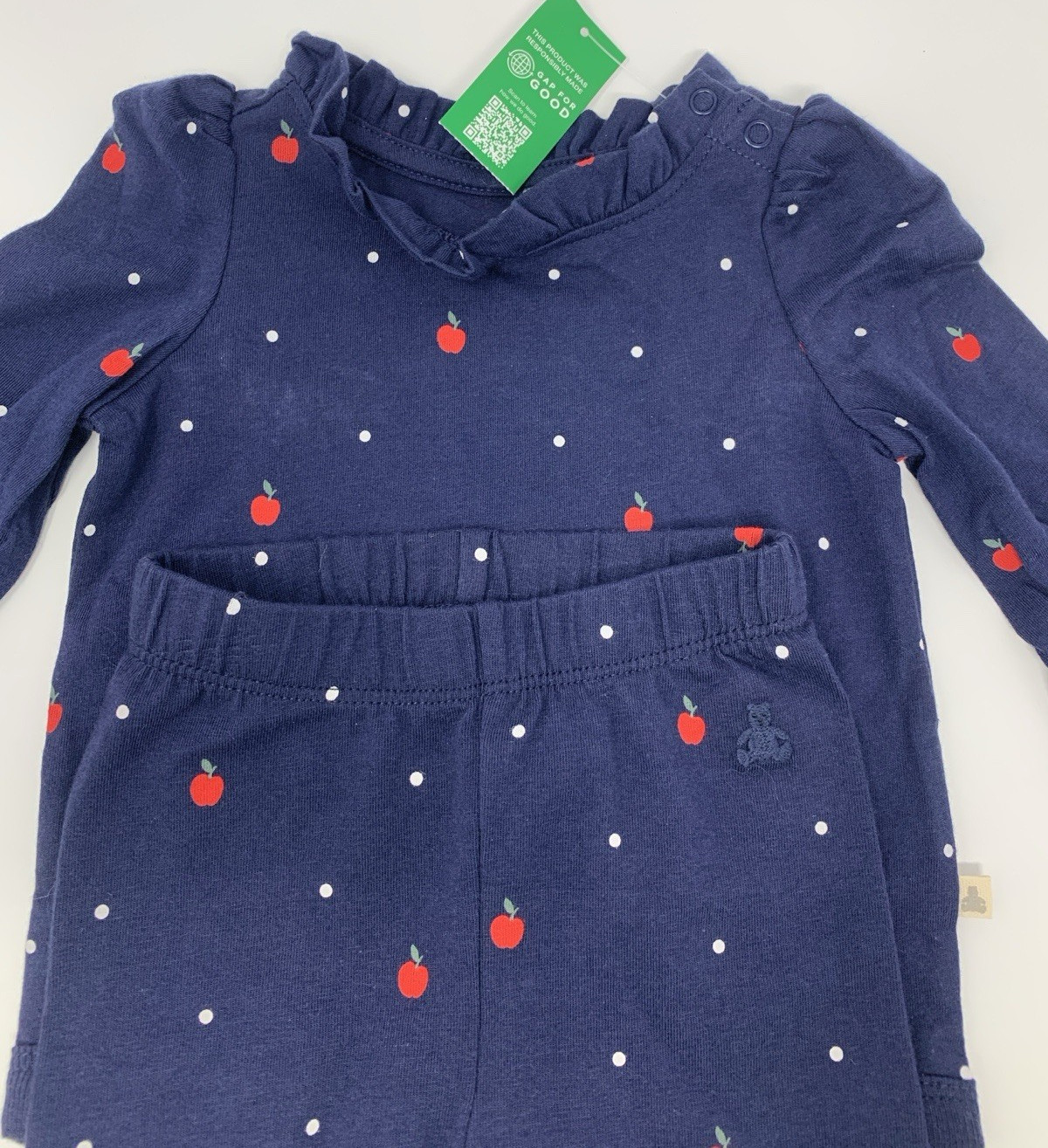 NWT Baby Gap Girls 0-3 Month Blue Bodysuit and Pants Set with Red Apple Print