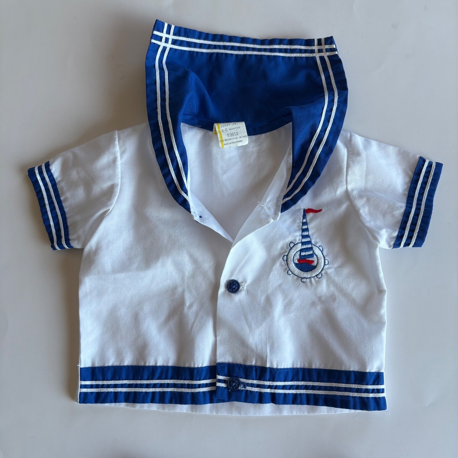Vintage Baby 3-6M Sailor Outfit Nautical Blue White Sailboat Footed Pants Collar